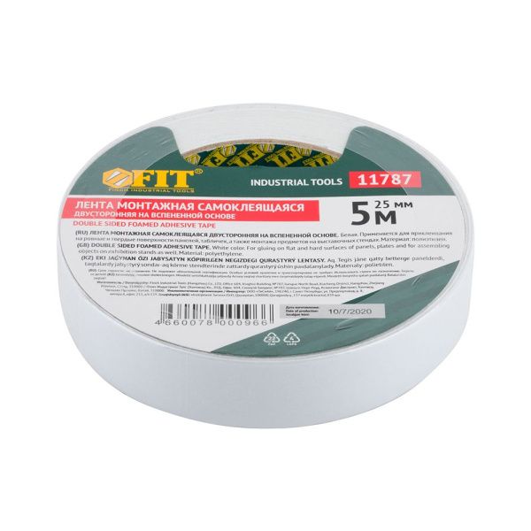 07FI9387 Лента клеящая, 2-х сторонняя монтажная,на вспененной основе, белая, 25 мм х 5 м